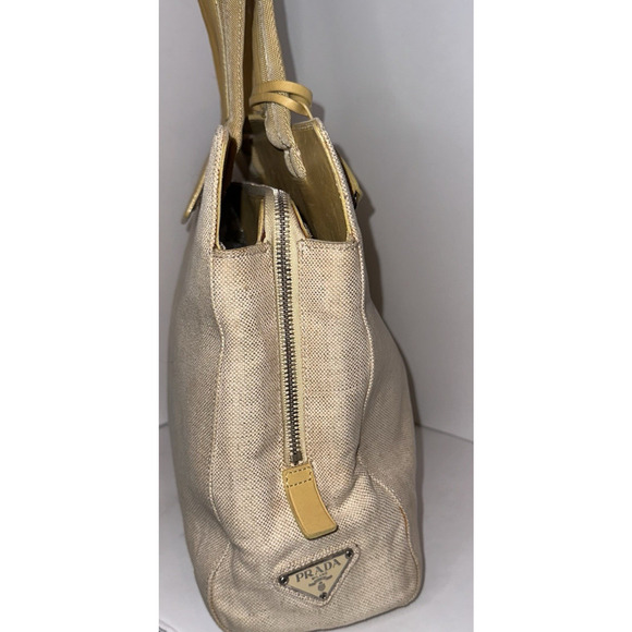 Prada Hand Bag Beige Yellow Canvas Leather Tote Authentic Vintage - Picture 4 of 15